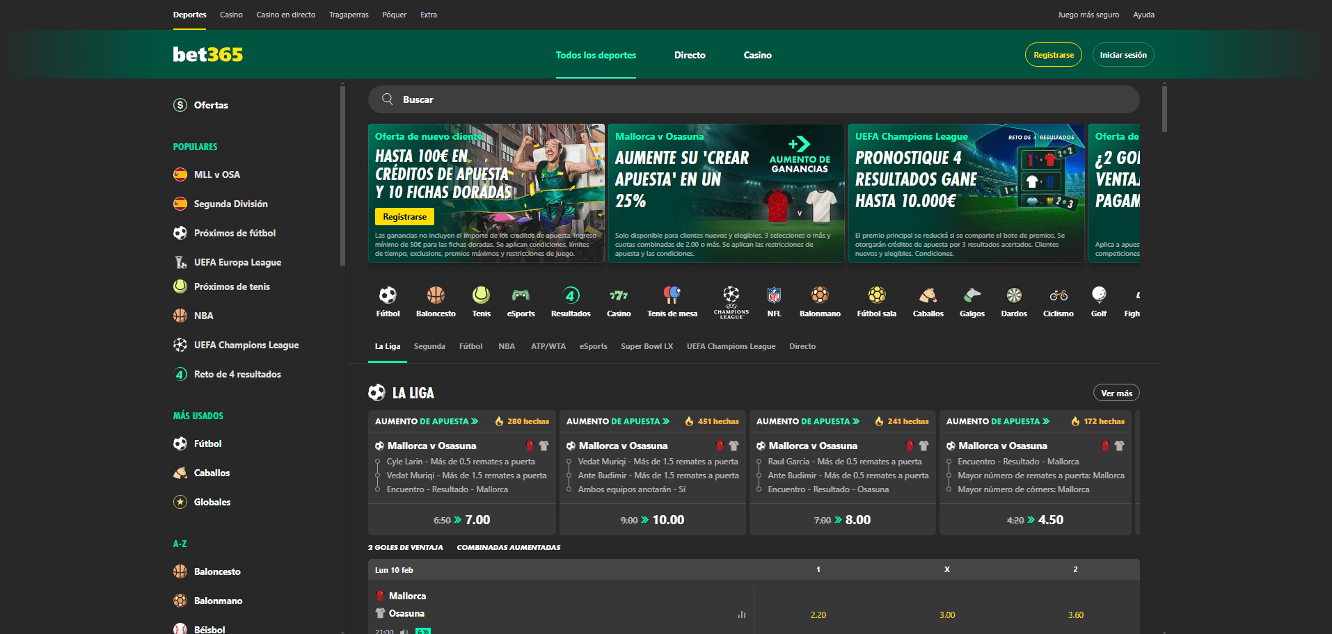 Página principal de Bet365 Apuestas