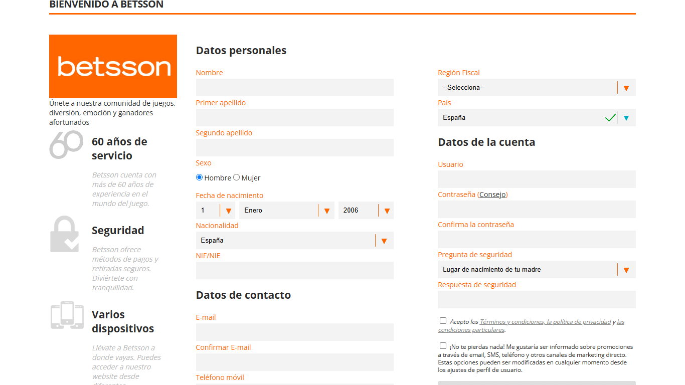 Betsson Registration Spain, esmejor.es