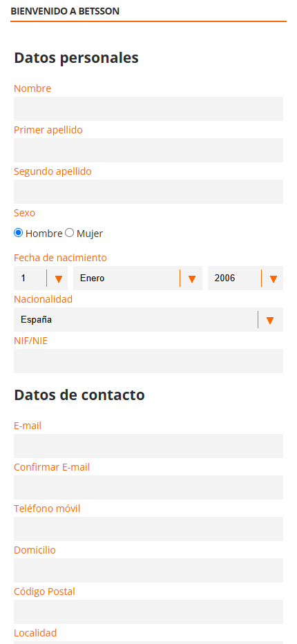 Betsson Registration Spain (Mobile screen), esmejor.es