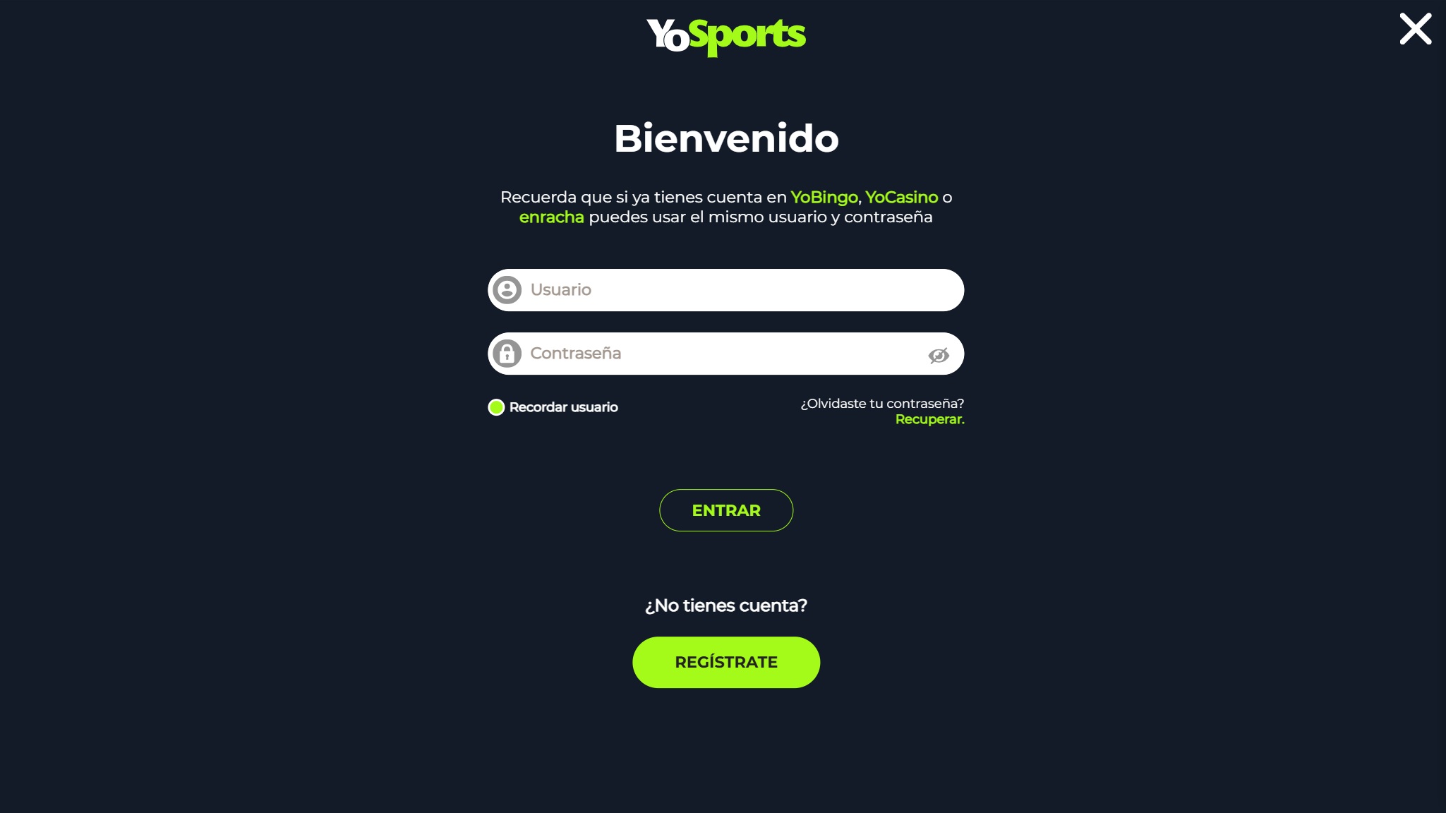 entry screen yosports esmejor