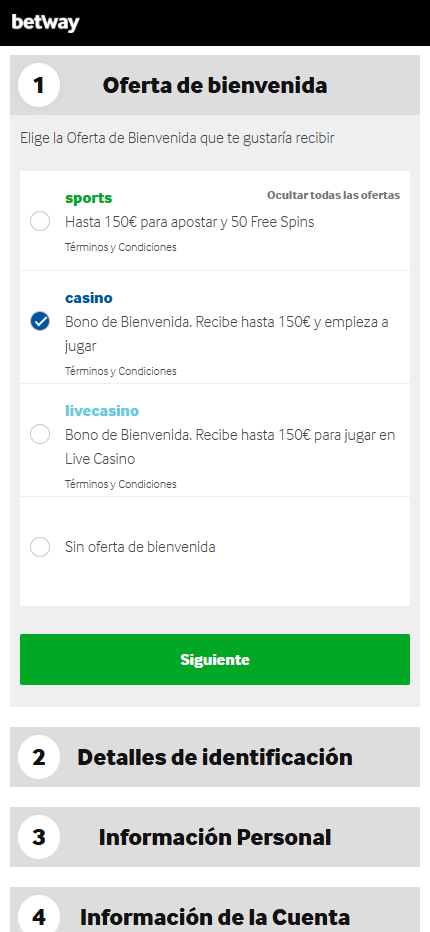 Betway Registration bonus Spain(Mobile screen)