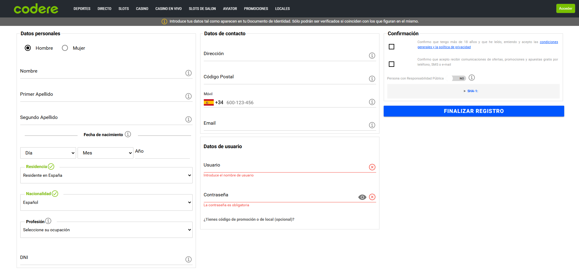 Cómo registrarse en Codere España