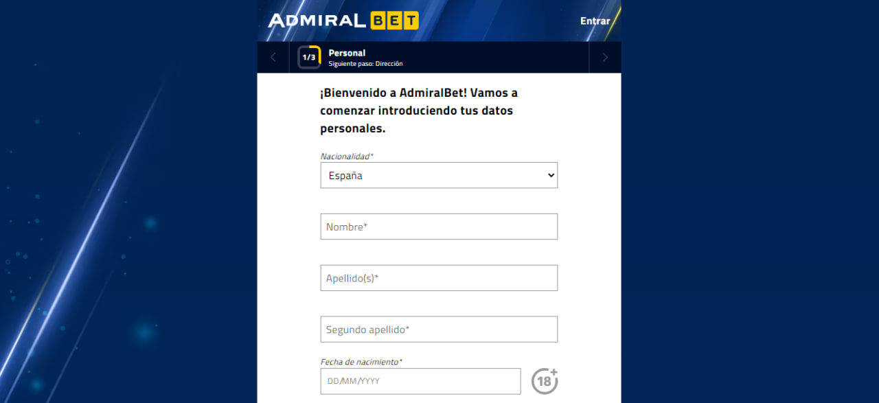 Formulario de registro en Admiralbet