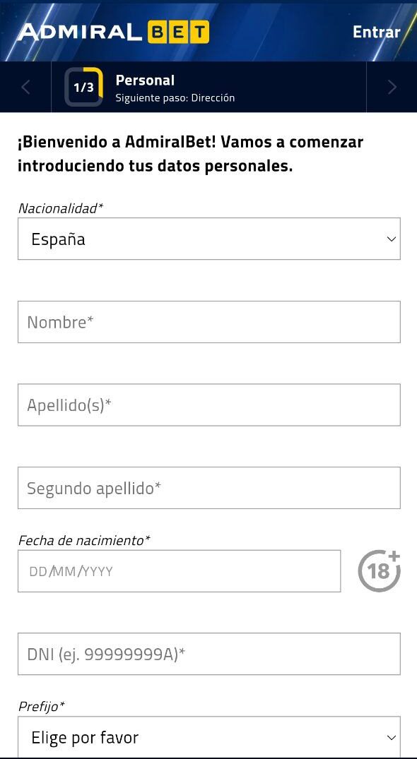 Formulario de registro en Admiralbet