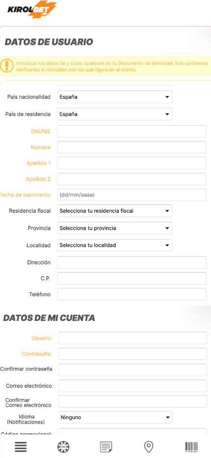 Kirolbet Registration Spain (Mobile screen)