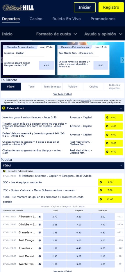 WilliamHill Bookmaker Spain (Mobile screen) apuestaes.tv