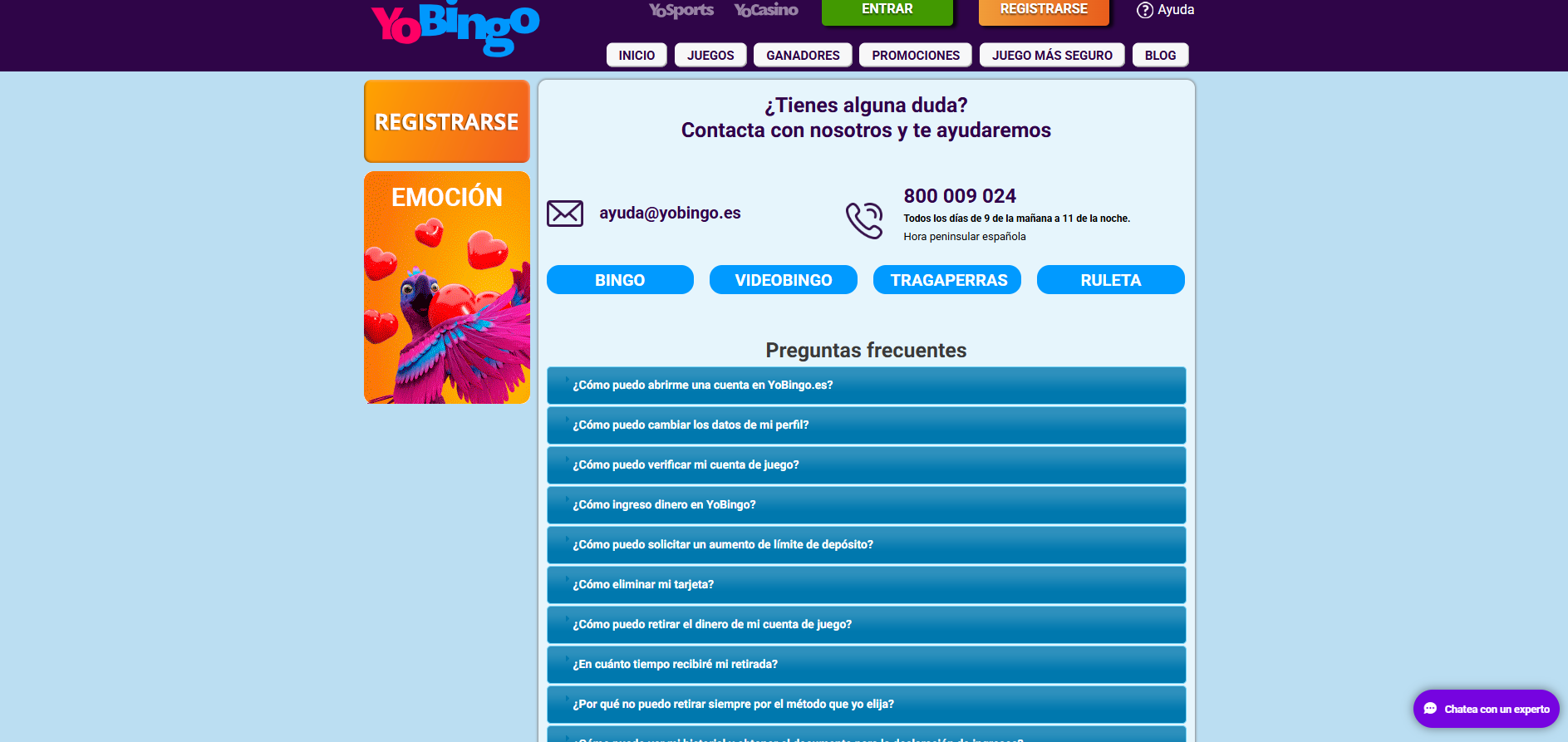 Sección de Contacto en YoBingo Casino