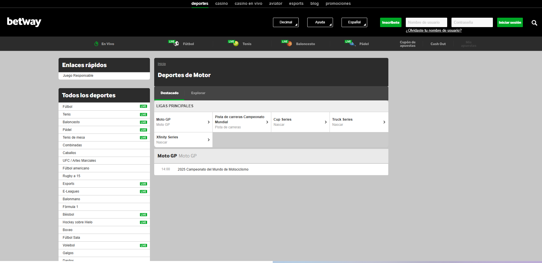 Sección de Moto GP en Betway Apuestas