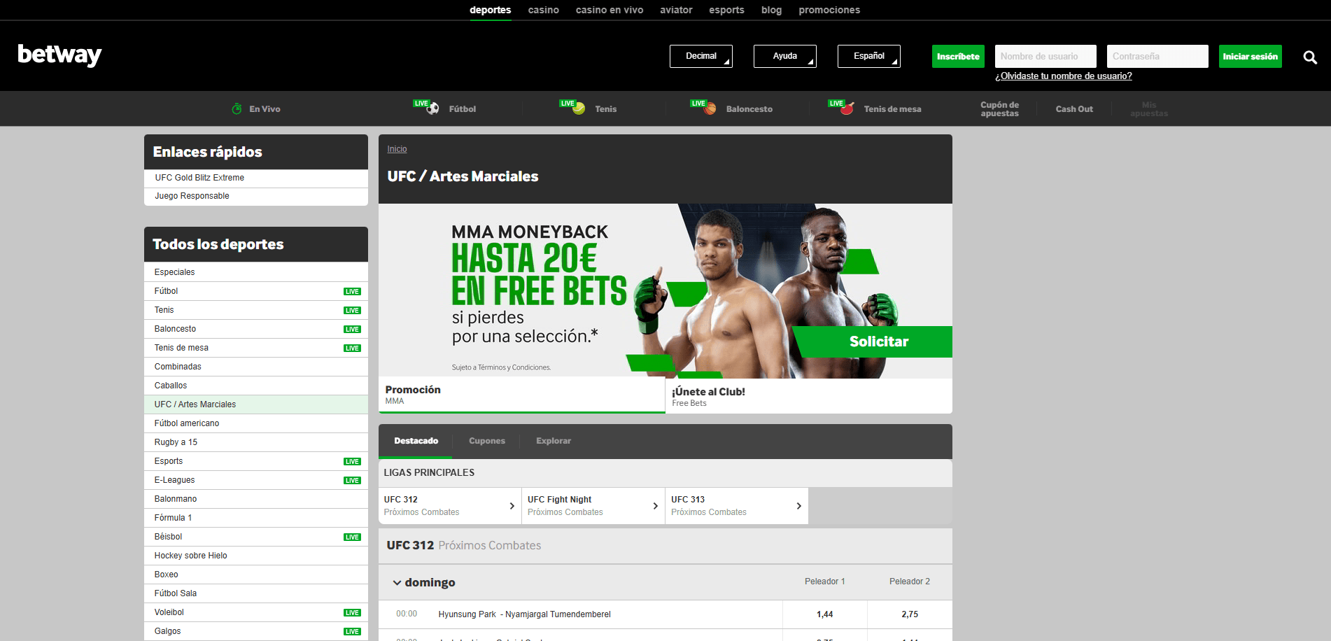 Sección de UFC en Betway Apuestas