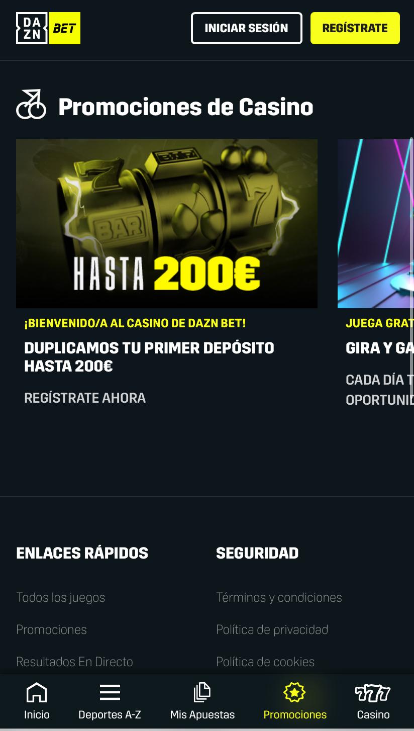 Sección de promociones en DAZN Bet Casino