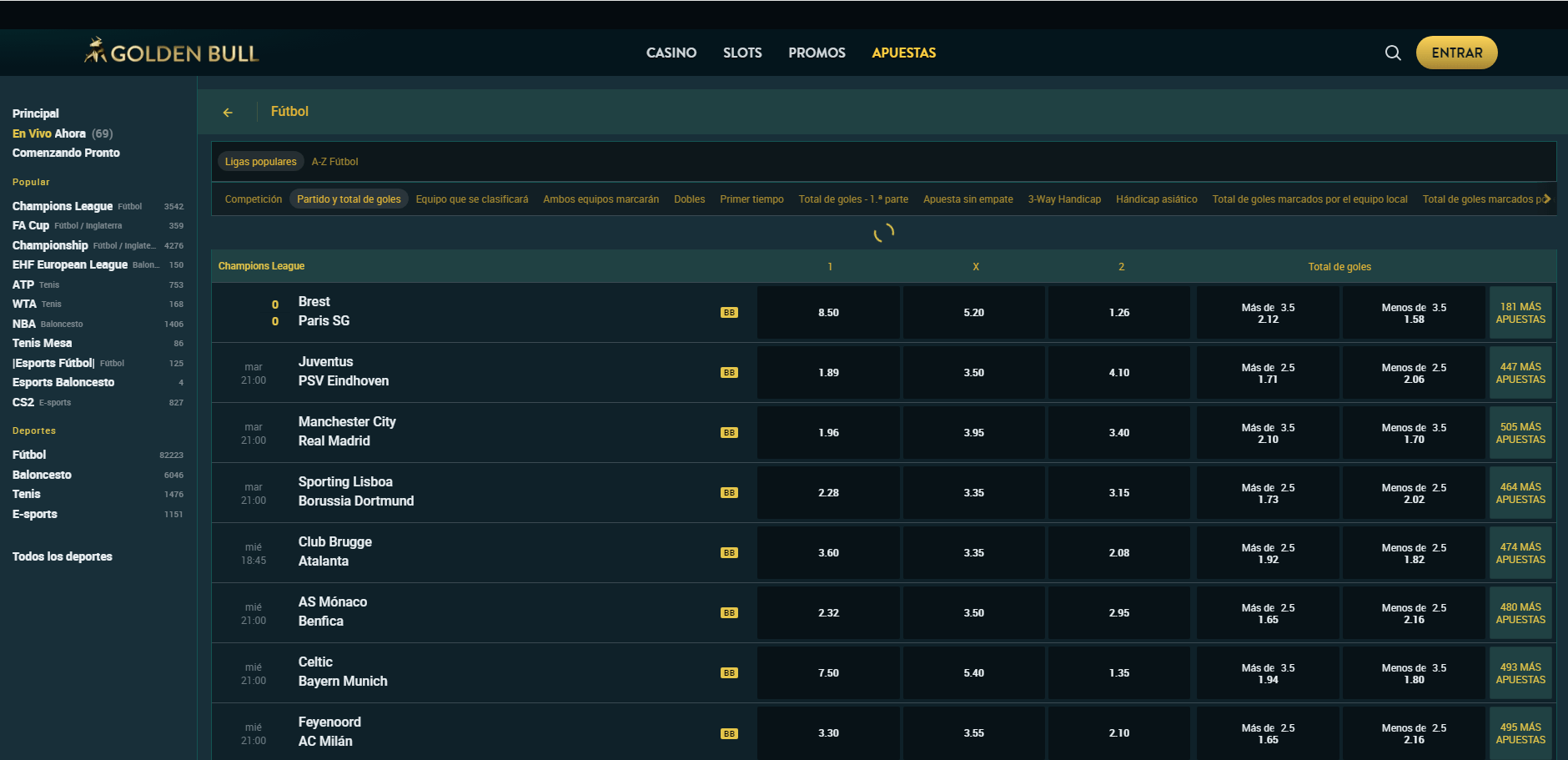 Sección de futbol en Goldenbull Apuestas