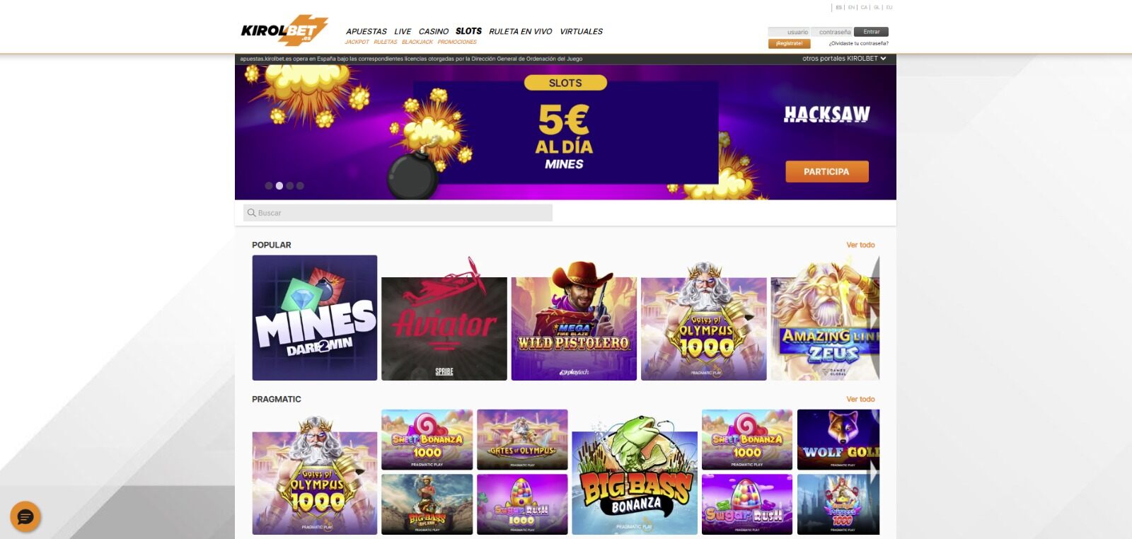 Sección de slots en Kirolbet Casino