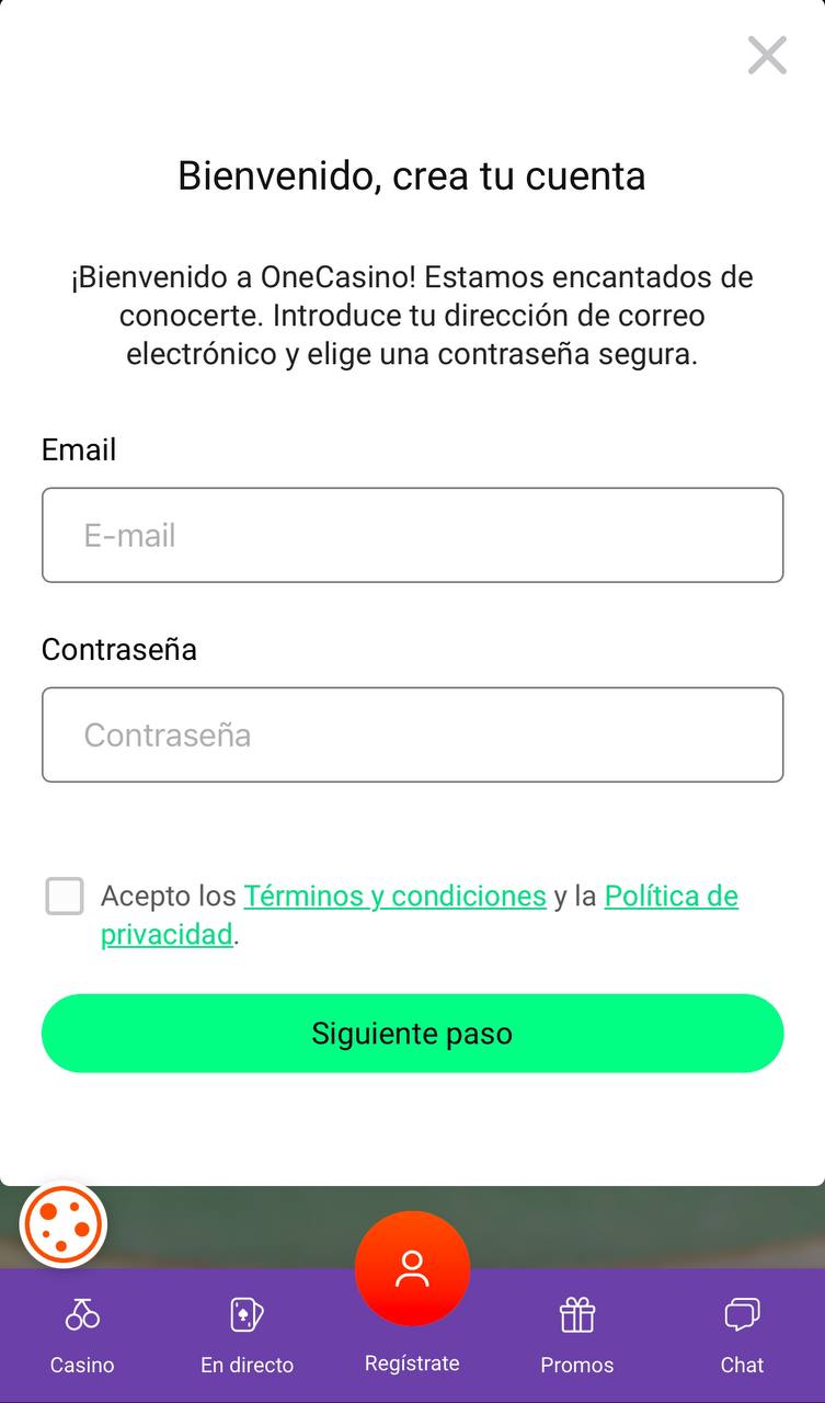 Formulario de registro en One Casino