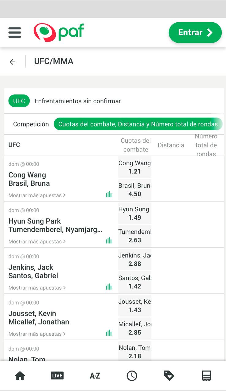 Sección de UFC en Paf Apuestas