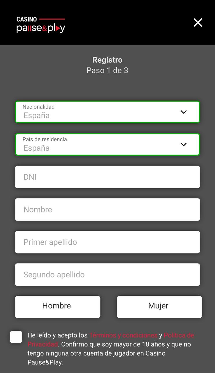 Formulario de registro Pause and Play Casino