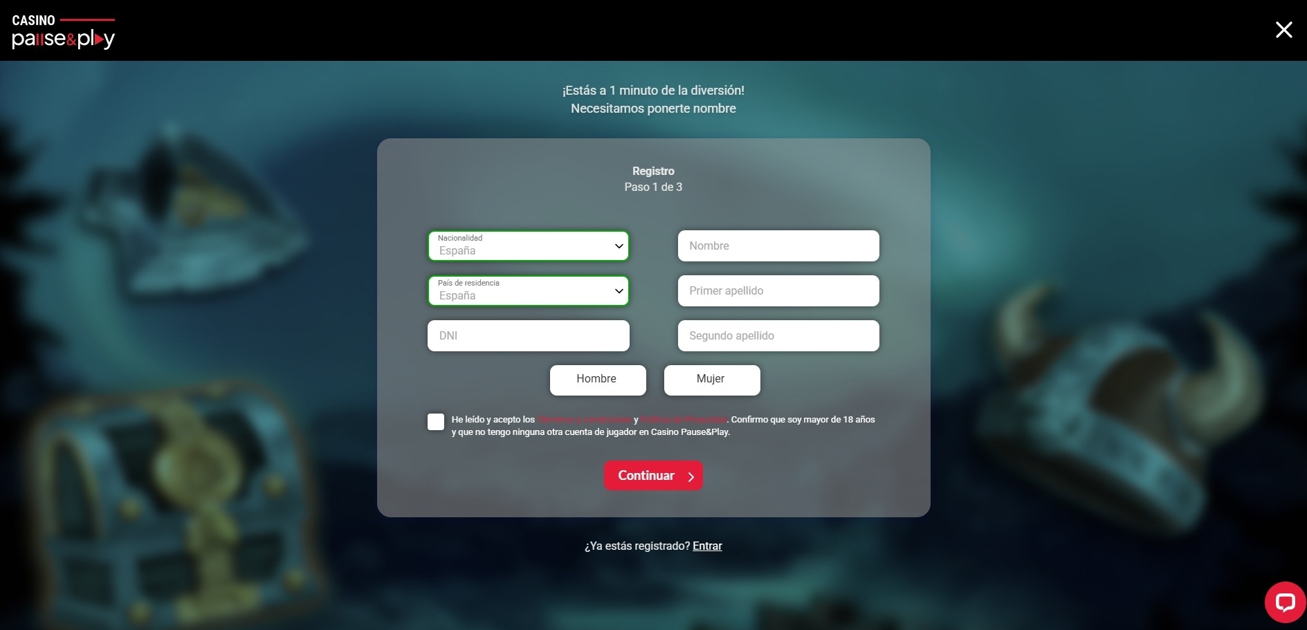 Formulario de registro Pause and Play Casino
