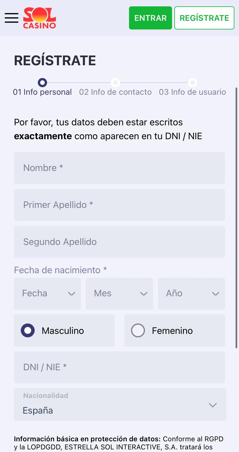 Formulario de registro en Sol Casino