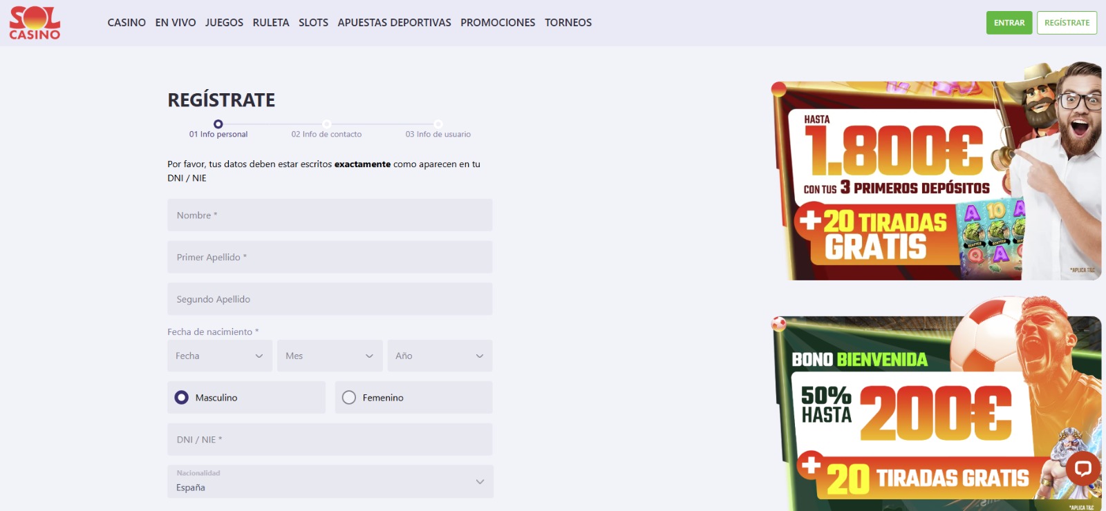 Formulario de registro en Sol Casino