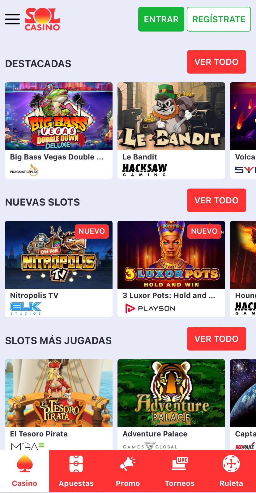 Sección de slots en Sol Casino