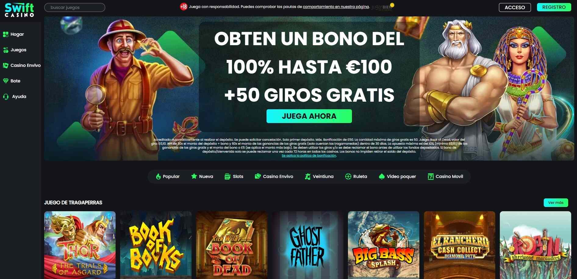 Página principal de Swift Casino